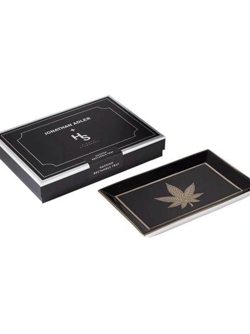 Jonathan Adler Hashish Rectangle Crramic Tray - Black with Silver & Gold Leaf